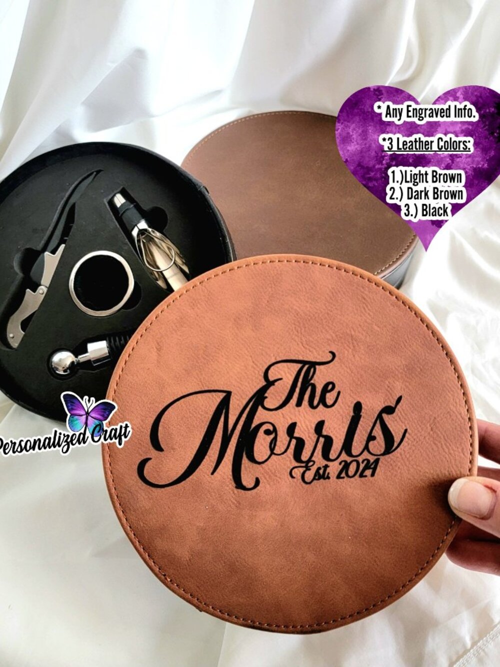 Engraved Round Leather Wine Accessory Set, Engagement / Wedding / Anniversary
